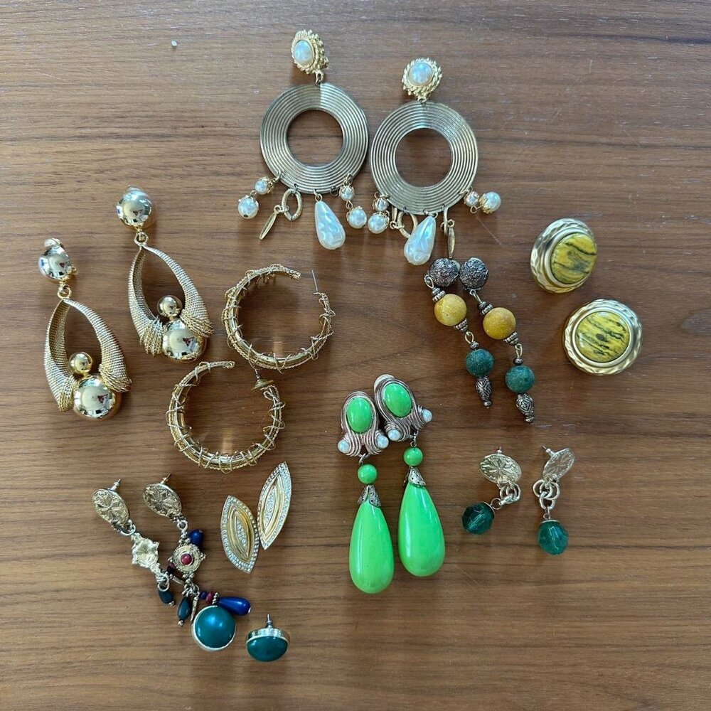 Vintage Earrings Lot – Bold Gold &amp; Green Statement Styles (9 Pairs)